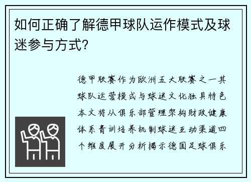 如何正确了解德甲球队运作模式及球迷参与方式？